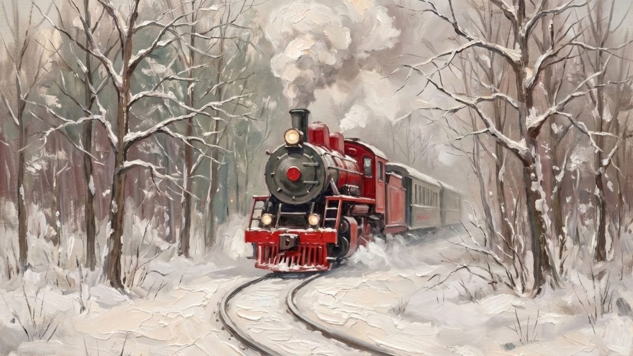 Christmas Frame TV Art, Vintage Holiday Oil Painting (Red Steam Train in Snow)