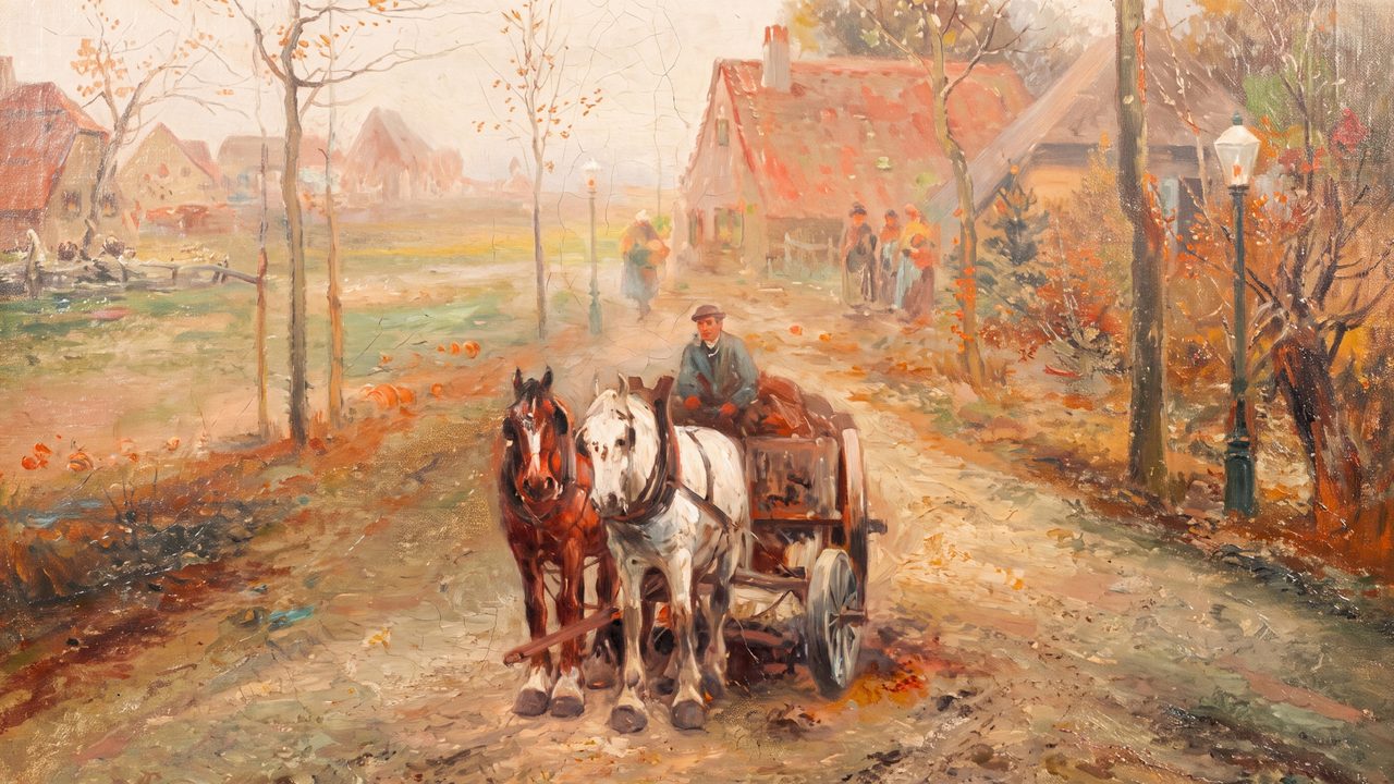 Fall Frame TV Art, Vintage Autumn Oil Painting (Horse Cart on Autumn Village Road)