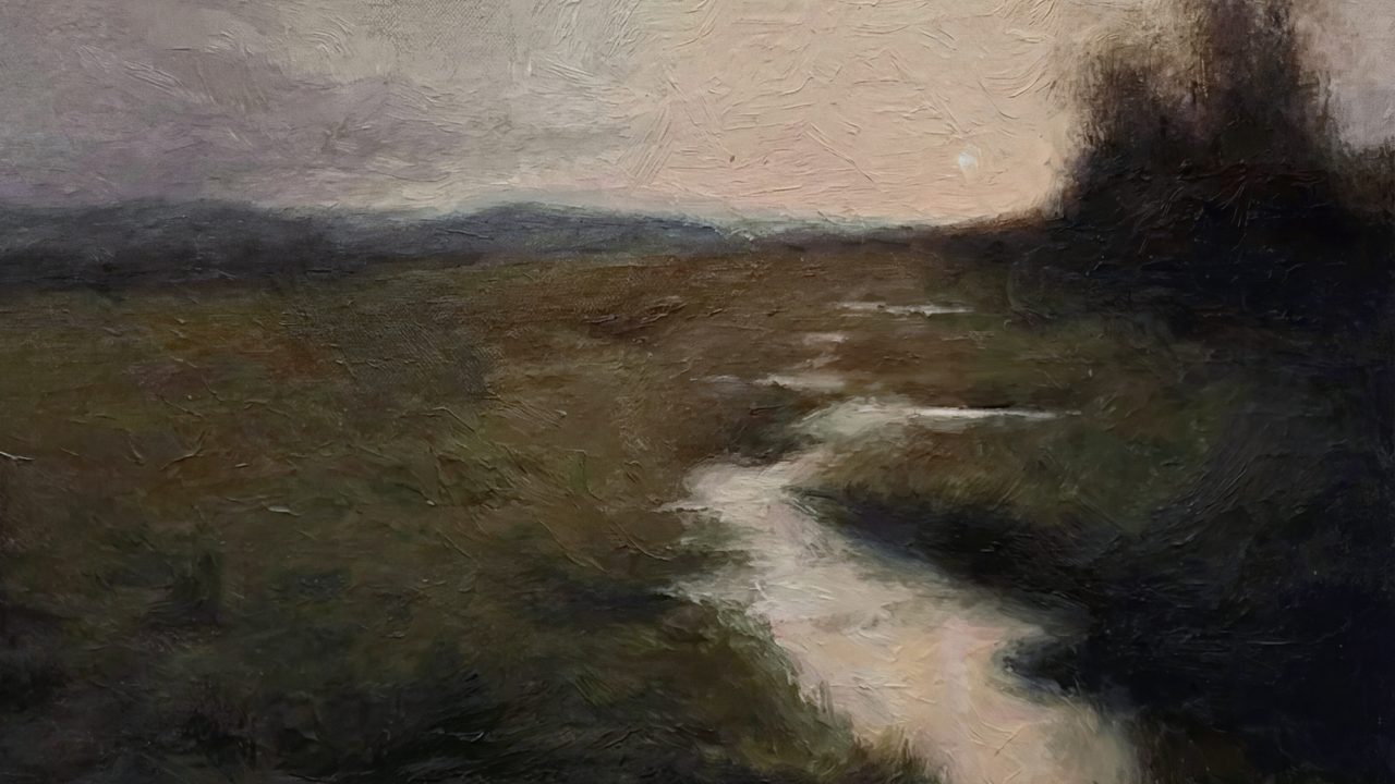 Dark Academia Frame TV Art, Moody Vintage Oil Painting (Stream Through Dusky Marsh)
