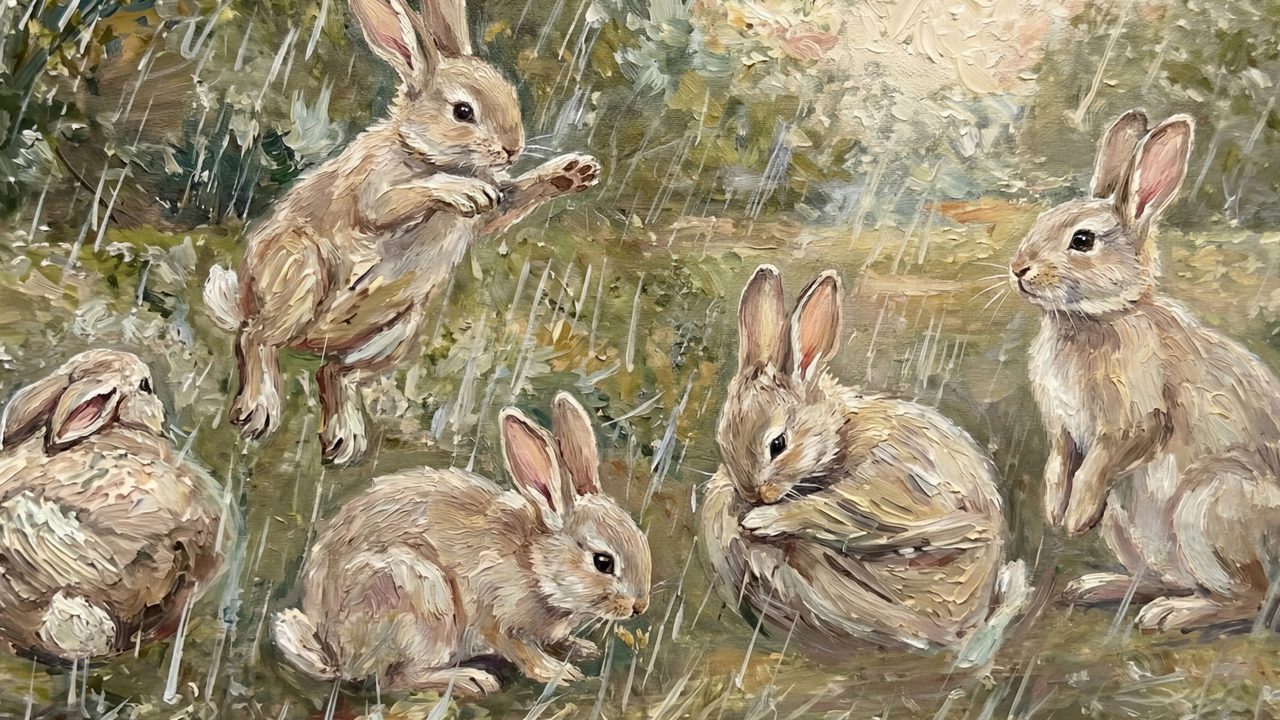 Easter Frame TV Art, Pastel Spring Oil Painting (Rabbits in Grassy Field)