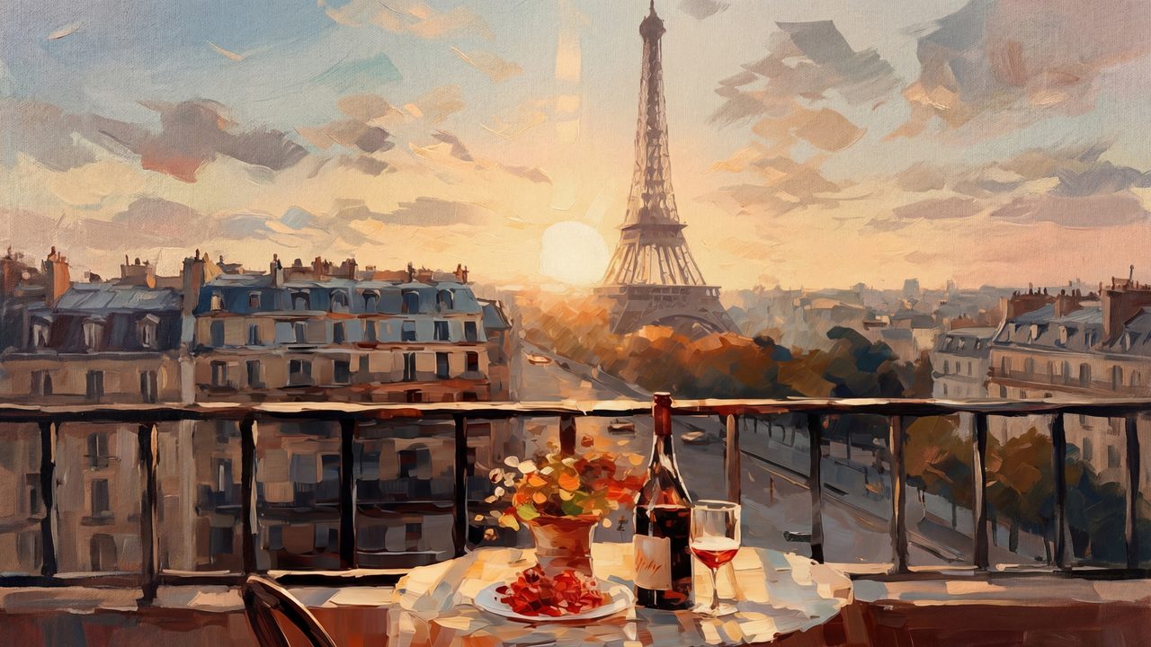 Valentine Frame TV Art, Romantic Vintage Oil Painting (Eiffel Tower Balcony Dinner)