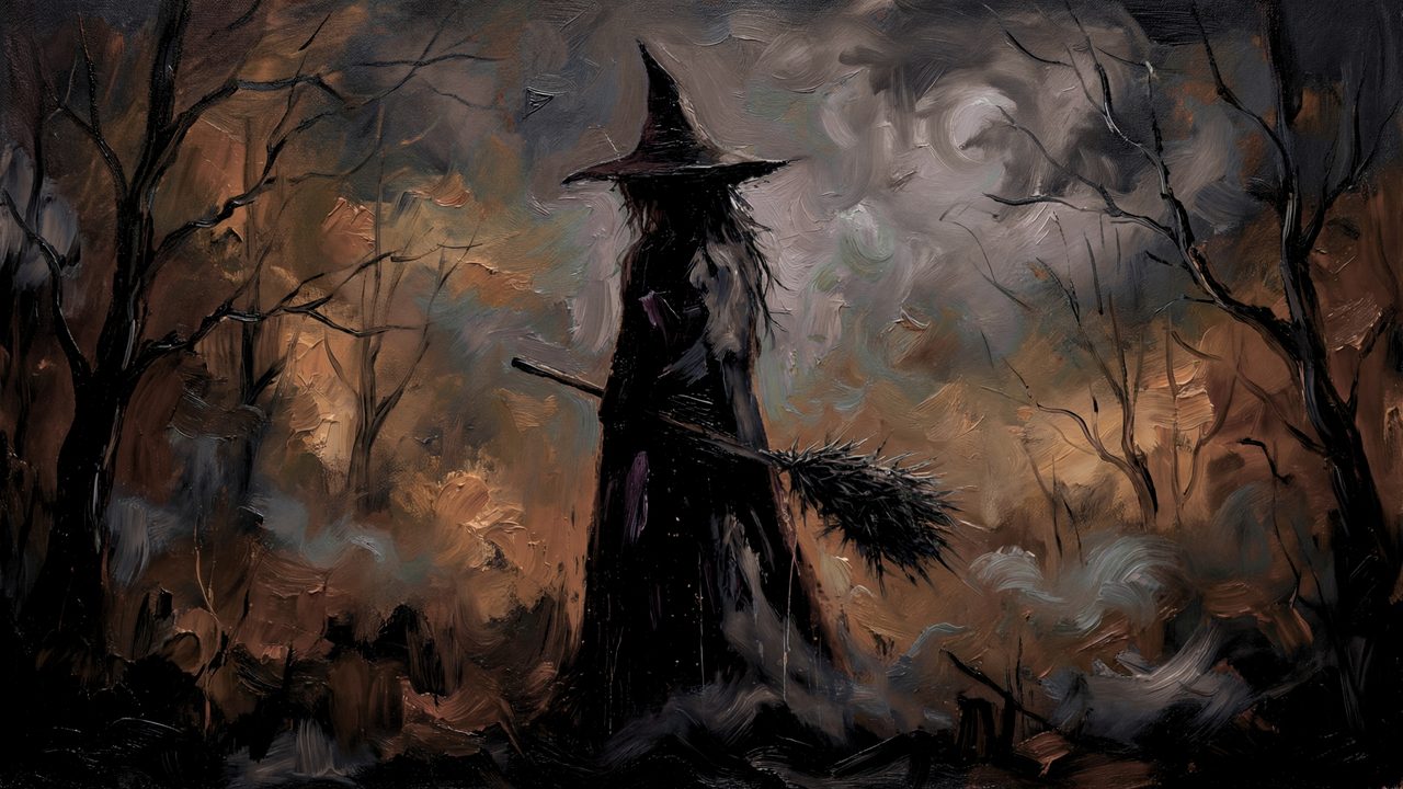 Fall Frame TV Art, Vintage Autumn Oil Painting (Witch with Broom in Woods)