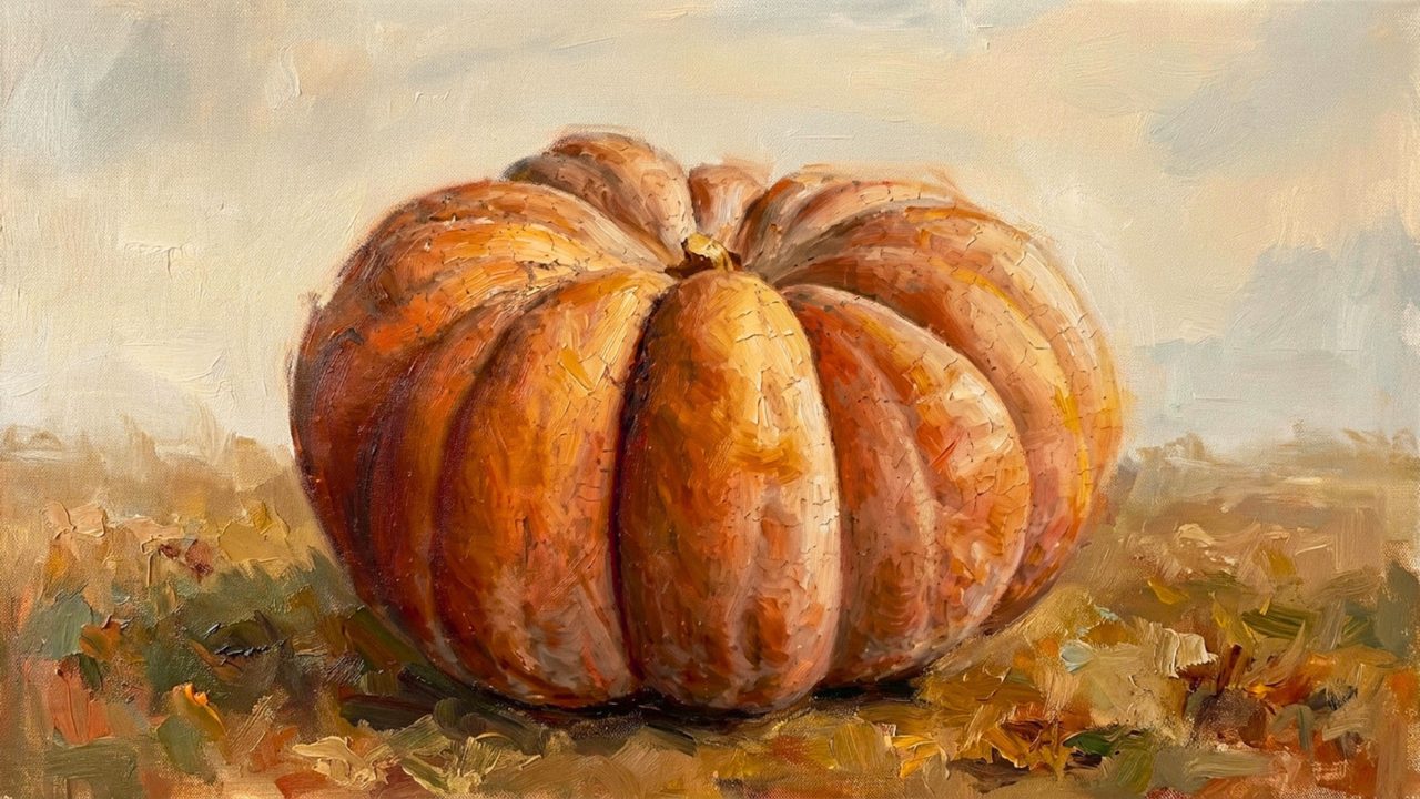 Fall Frame TV Art, Vintage Autumn Oil Painting (Large Orange Pumpkin)