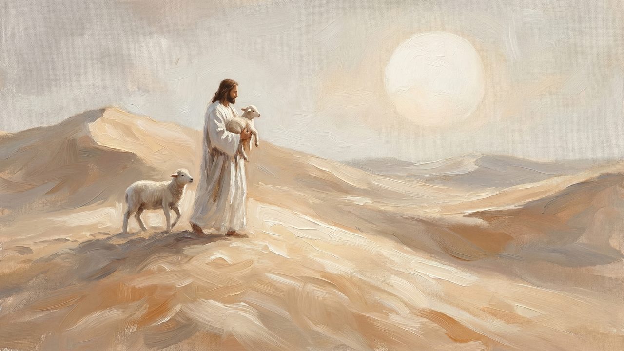 The Good Shepherd Samsung Frame TV Art, Jesus Carrying Lamb Christian Oil Painting, Desert Faith Screen Decor