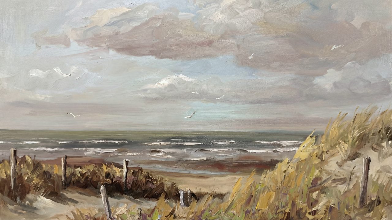 Vintage Frame TV Art, Antique Landscape Oil Painting (Grassy Dunes by Sea)