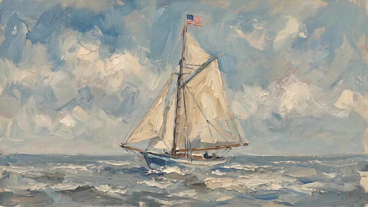 4th of July Frame TV Art, Patriotic American Oil Painting (Sailboat on Open Sea)