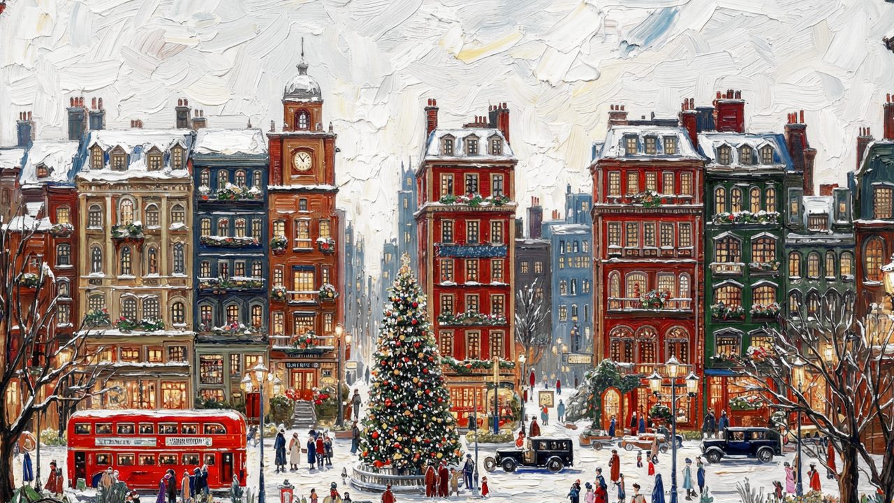 Christmas Frame TV Art, Vintage Holiday Oil Painting (Christmas City Square)