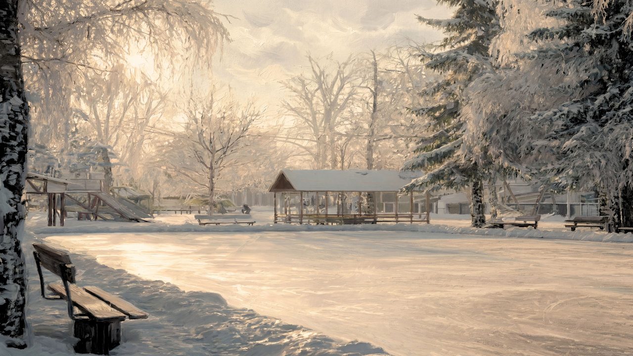 Christmas Frame TV Art, Vintage Holiday Oil Painting (Park Bench by Frozen Lake)