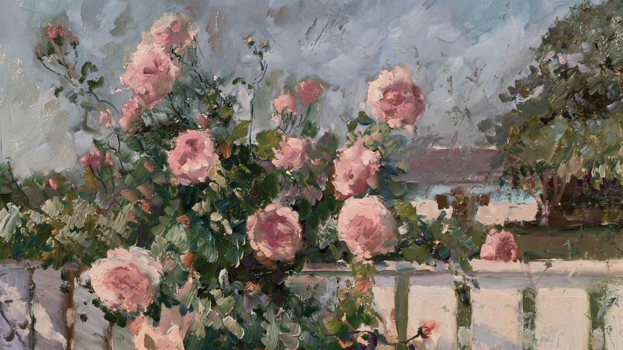 Spring Frame TV Art, Vintage Floral Landscape Oil Painting (Pink Roses on White Fence)