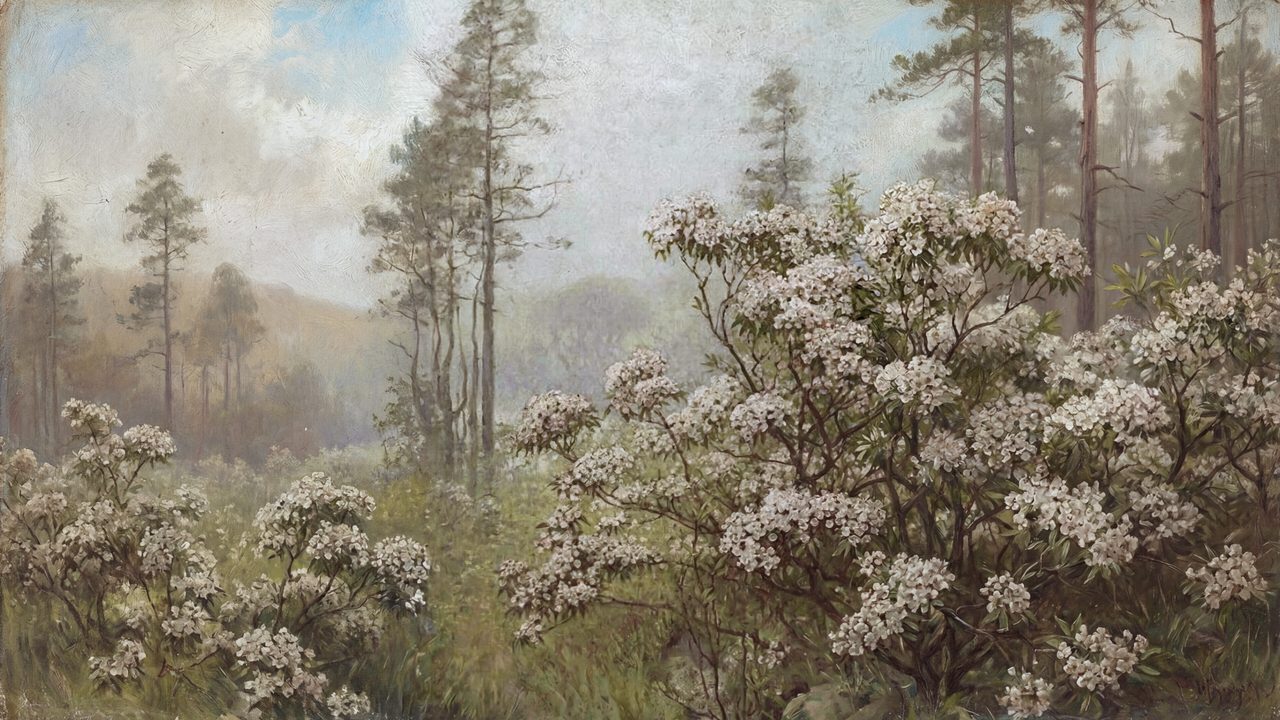 Vintage Frame TV Art, Antique Landscape Oil Painting (Flowering Shrubs in Pine Forest)