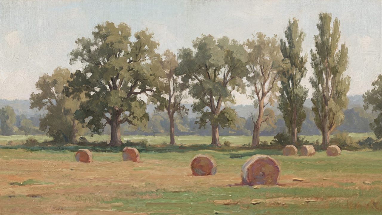 Vintage Frame TV Art, Antique Landscape Oil Painting (Hay Bales Under Trees)