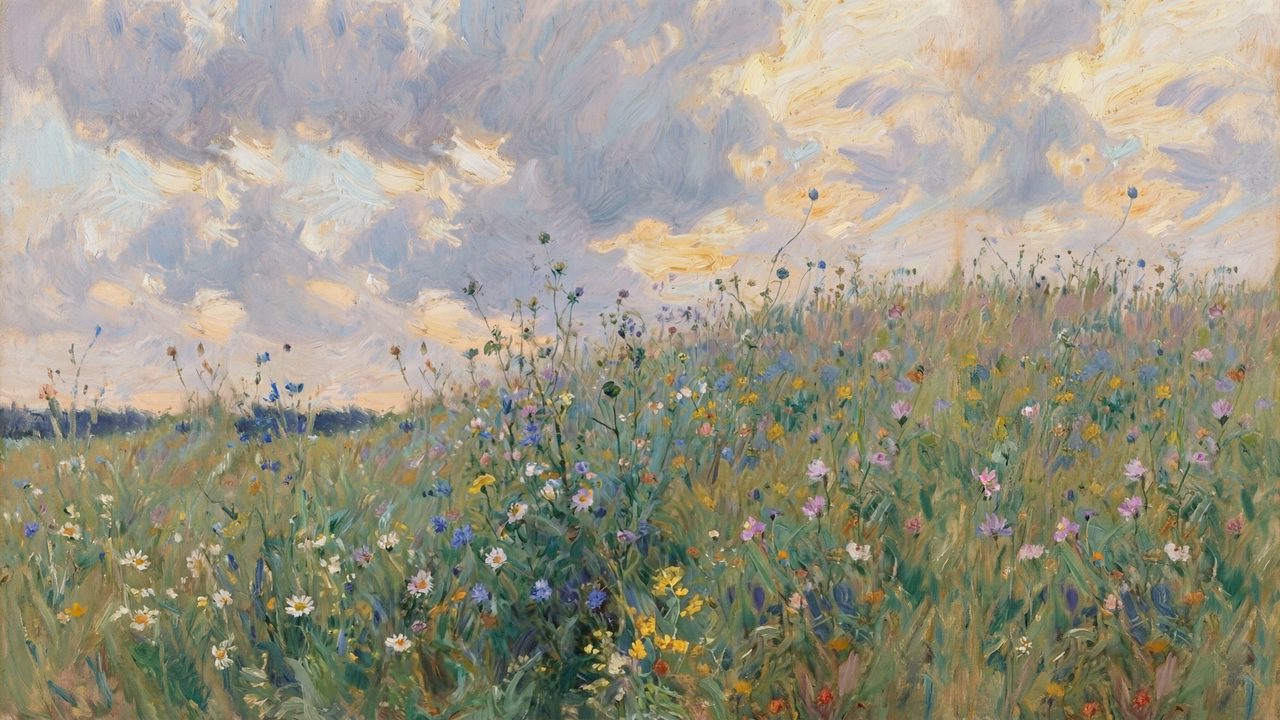 Vintage Frame TV Art, Antique Landscape Oil Painting (Wildflower Hillside Under Clouds)