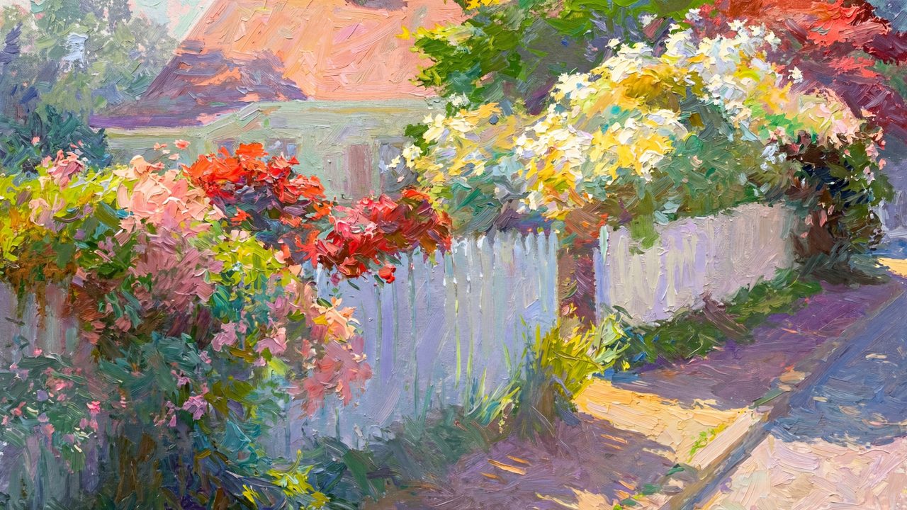 Spring Frame TV Art, Vintage Floral Landscape Oil Painting (Flowers on White Picket Fence)