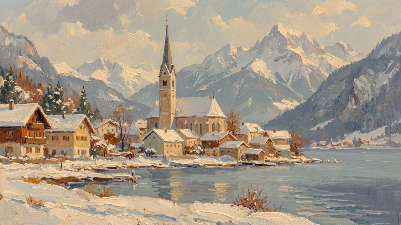 Christmas Frame TV Art, Vintage Holiday Oil Painting (Alpine Village by Lake)