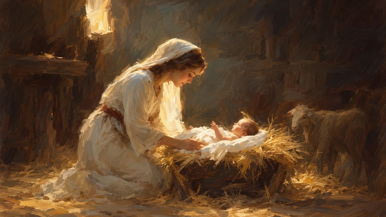 Christian Frame TV Art, Jesus Religious Oil Painting (Mary Kneeling by Manger)