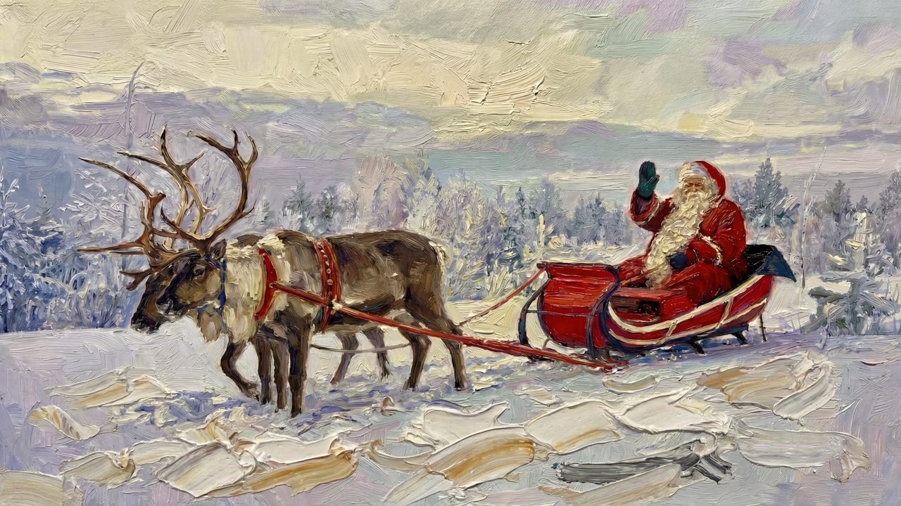 Christmas Frame TV Art, Vintage Holiday Oil Painting (Santa Sleigh with Reindeer)