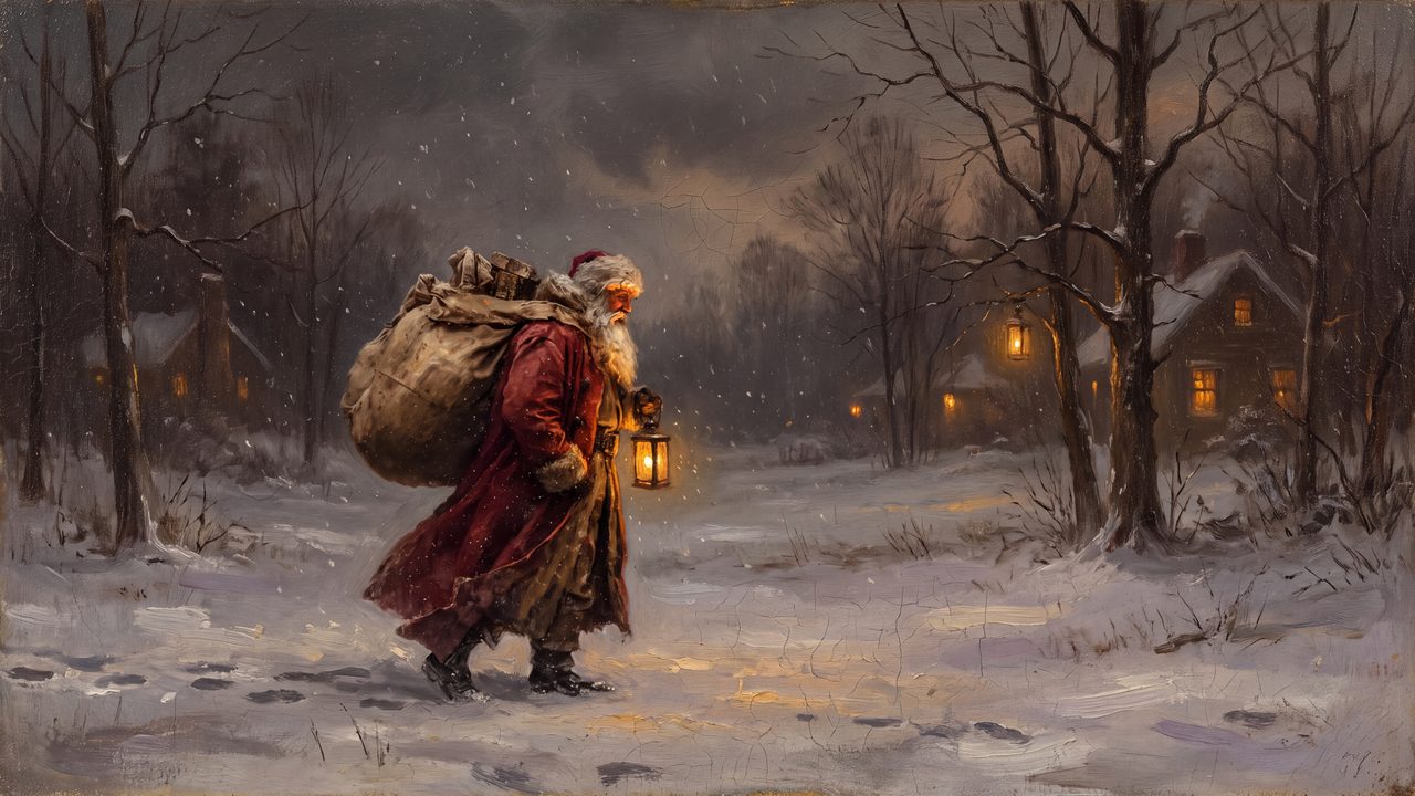 Christmas Frame TV Art, Vintage Holiday Oil Painting (Santa Walking with Lantern)