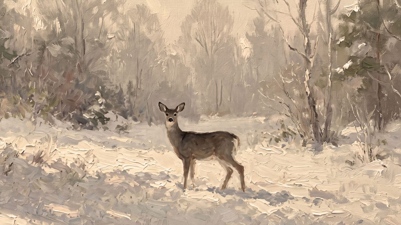 Christmas Frame TV Art, Vintage Holiday Oil Painting (Deer in Snowy Woods)