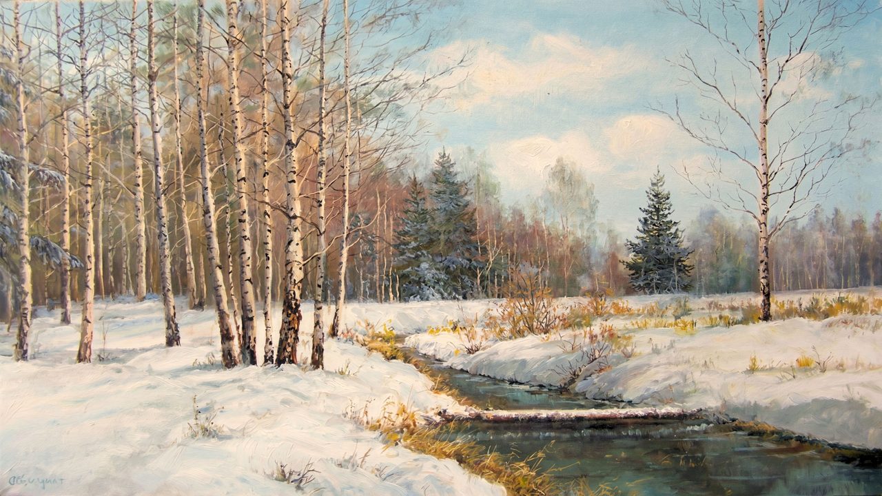 Christmas Frame TV Art, Vintage Holiday Oil Painting (Birch Trees by Winter Stream)