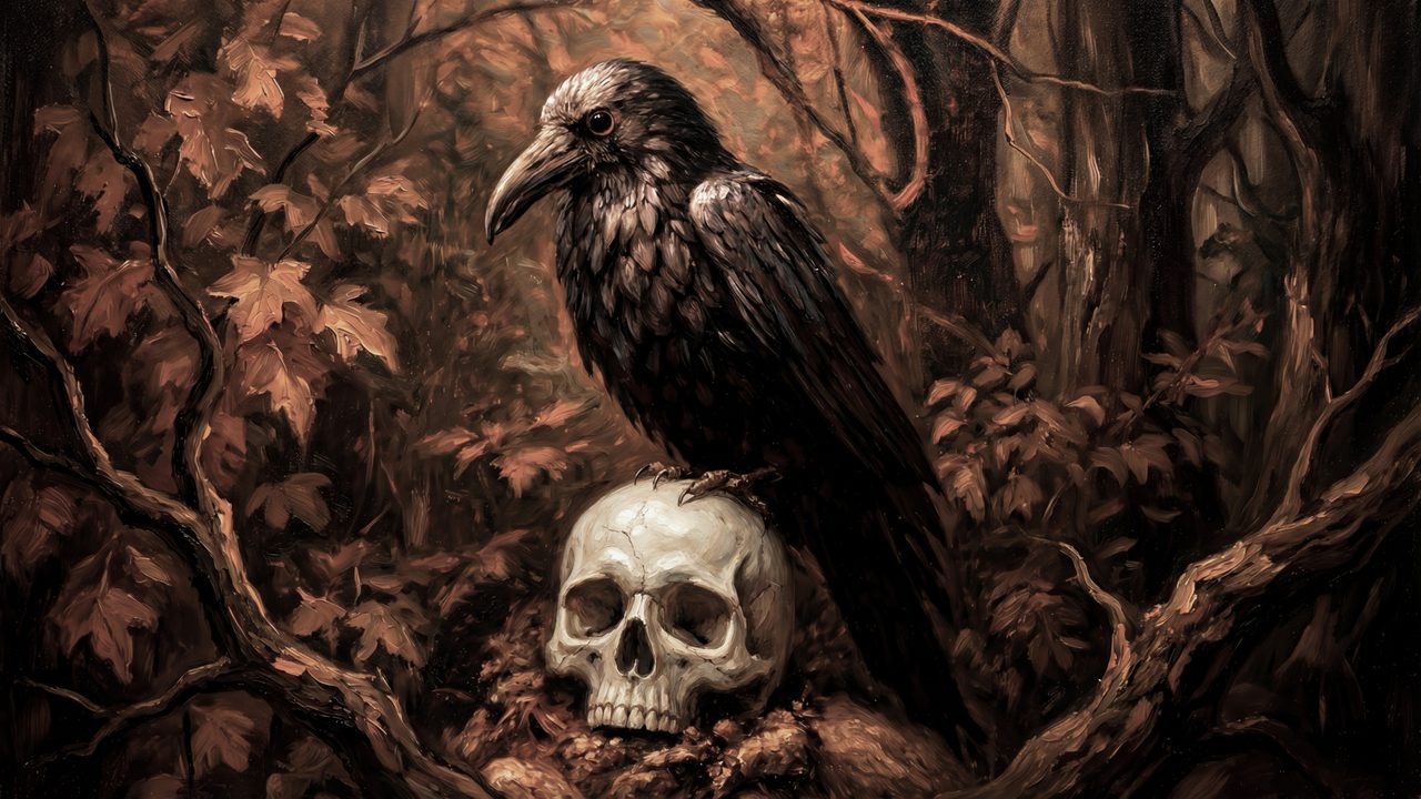 Fall Frame TV Art, Vintage Autumn Oil Painting (Raven Perched on Skull)