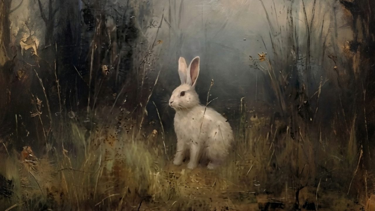 Dark Academia Frame TV Art, Moody Vintage Oil Painting (White Rabbit in Tall Grass)