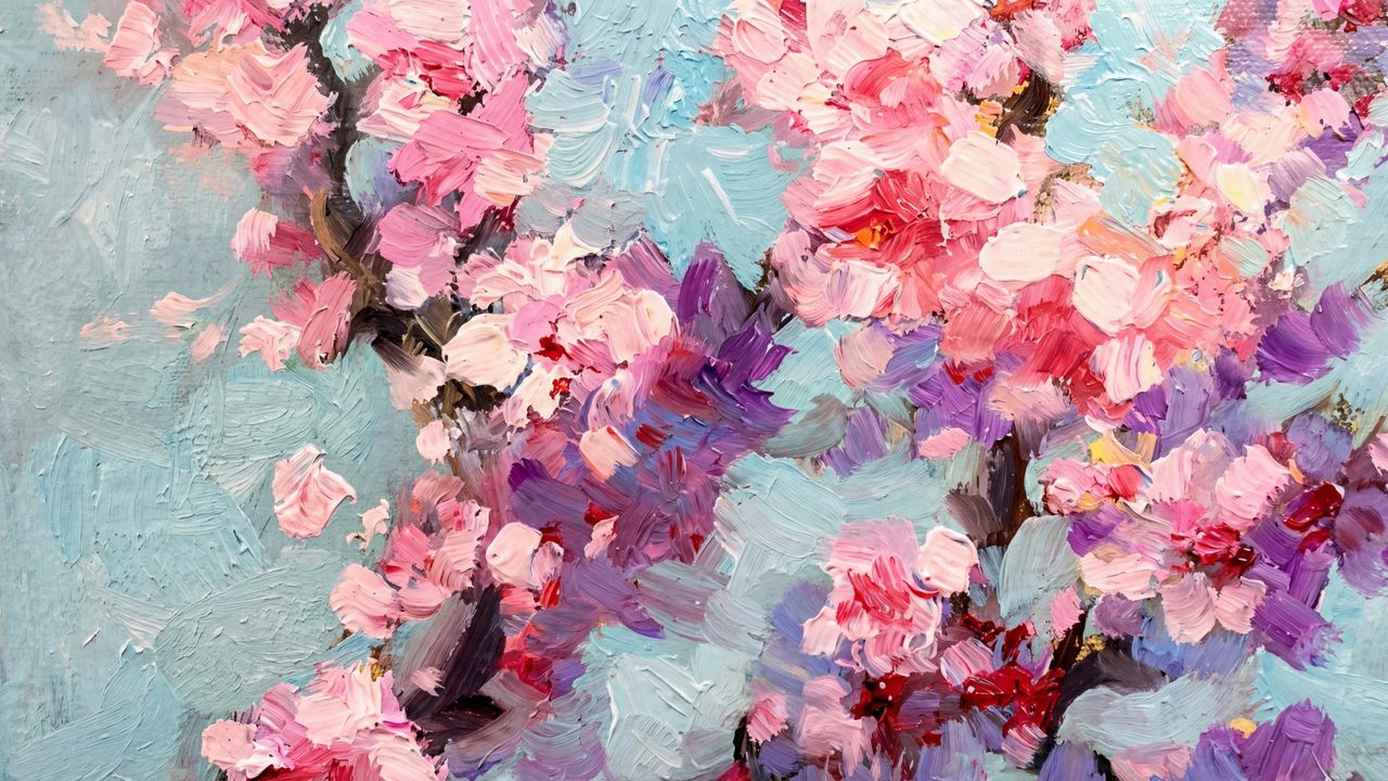 Spring Frame TV Art, Vintage Floral Landscape Oil Painting (Pink Cherry Blossom Branches)