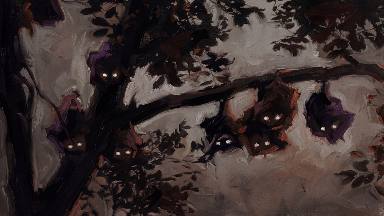 Halloween Frame TV Art, Vintage Moody Oil Painting (Bats Hanging in Tree)
