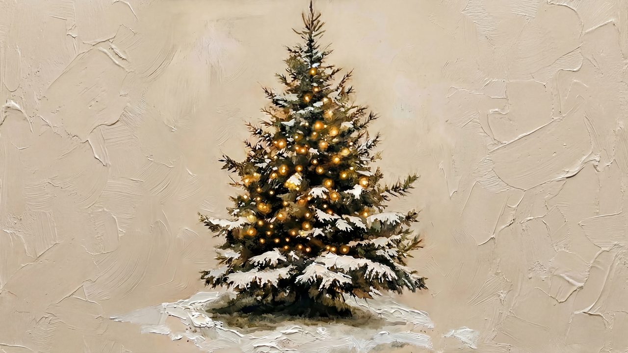 Christmas Frame TV Art, Vintage Holiday Oil Painting (Lit Christmas Tree)