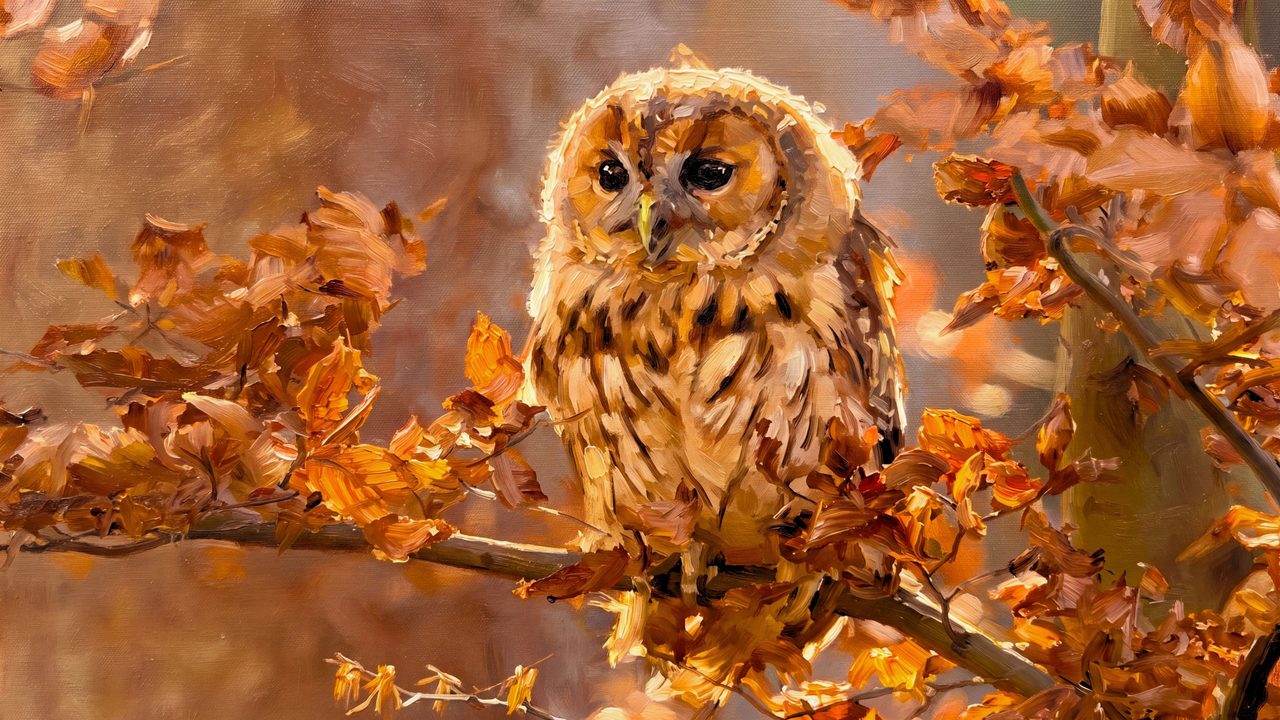 Fall Frame TV Art, Vintage Autumn Oil Painting (Owl on Autumn Branch)