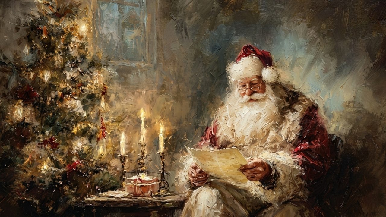 Samsung Frame TV Art Santa Reading Book • Vintage Oil Painting • Cozy Holiday Decor • Classic Christmas Tree