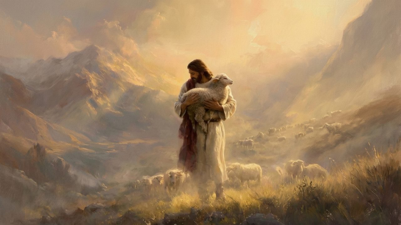 Christian Frame TV Art, Jesus Religious Oil Painting (Shepherd Carrying Lamb in Hills)