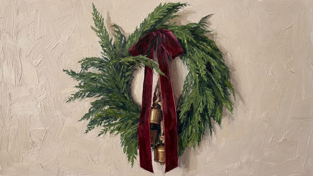 Christmas Wreath Wall Art for Samsung Frame TV – Neutral Christmas Frame Tv Art -Minimal Holiday Greenery with Red