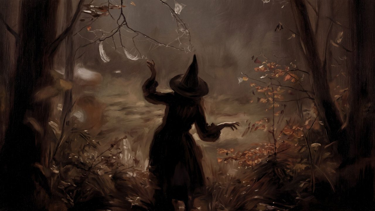 Fall Frame TV Art, Vintage Autumn Oil Painting (Witch in Dark Forest)