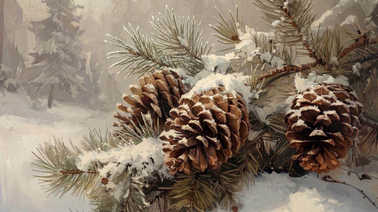 Christmas Frame TV Art, Vintage Holiday Oil Painting (Snowy Pine Cones)