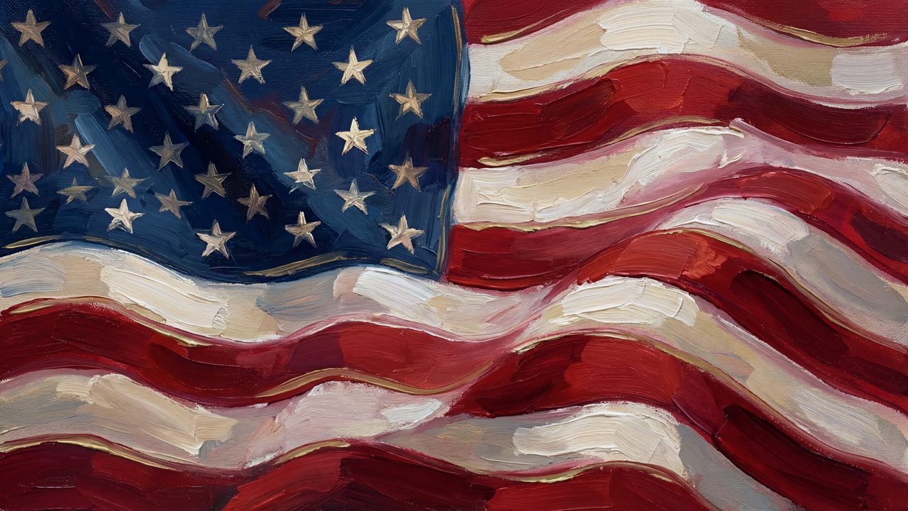 4th of July Frame TV Art, Patriotic American Oil Painting (Waving American Flag)