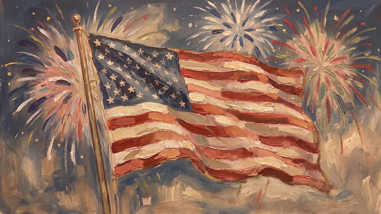 4th of July Frame TV Art, Patriotic American Oil Painting (American Flag with Fireworks)