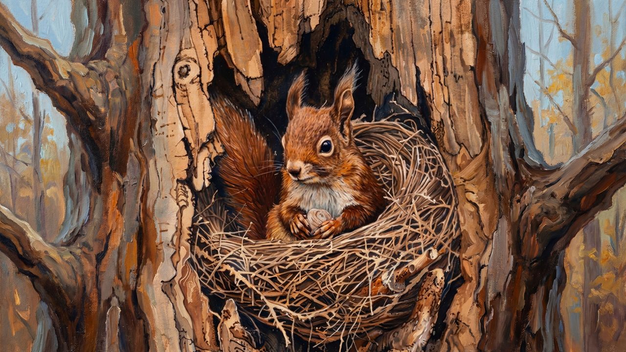 Fall Frame TV Art, Vintage Autumn Oil Painting (Squirrel in Tree Hollow Nest)