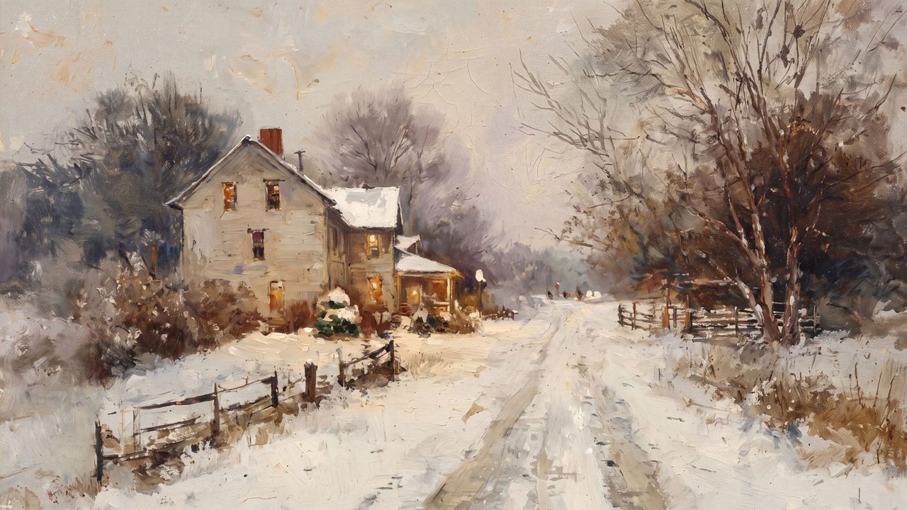 Christmas Frame TV Art, Vintage Holiday Oil Painting (Farmhouse on Snowy Road)