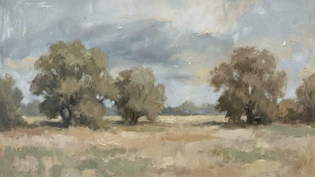Vintage Frame TV Art, Antique Landscape Oil Painting (Trees in Open Meadow)
