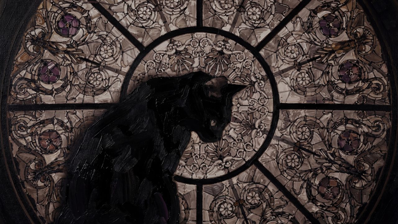 Halloween Frame TV Art, Vintage Moody Oil Painting (Black Cat at Rose Window)