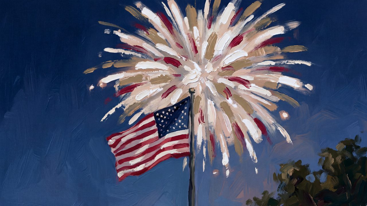4th of July Frame TV Art, Patriotic American Oil Painting (Flag Under Fireworks)