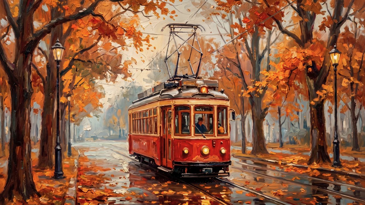 Fall Frame TV Art, Vintage Autumn Oil Painting (Red Tram on Autumn Street)