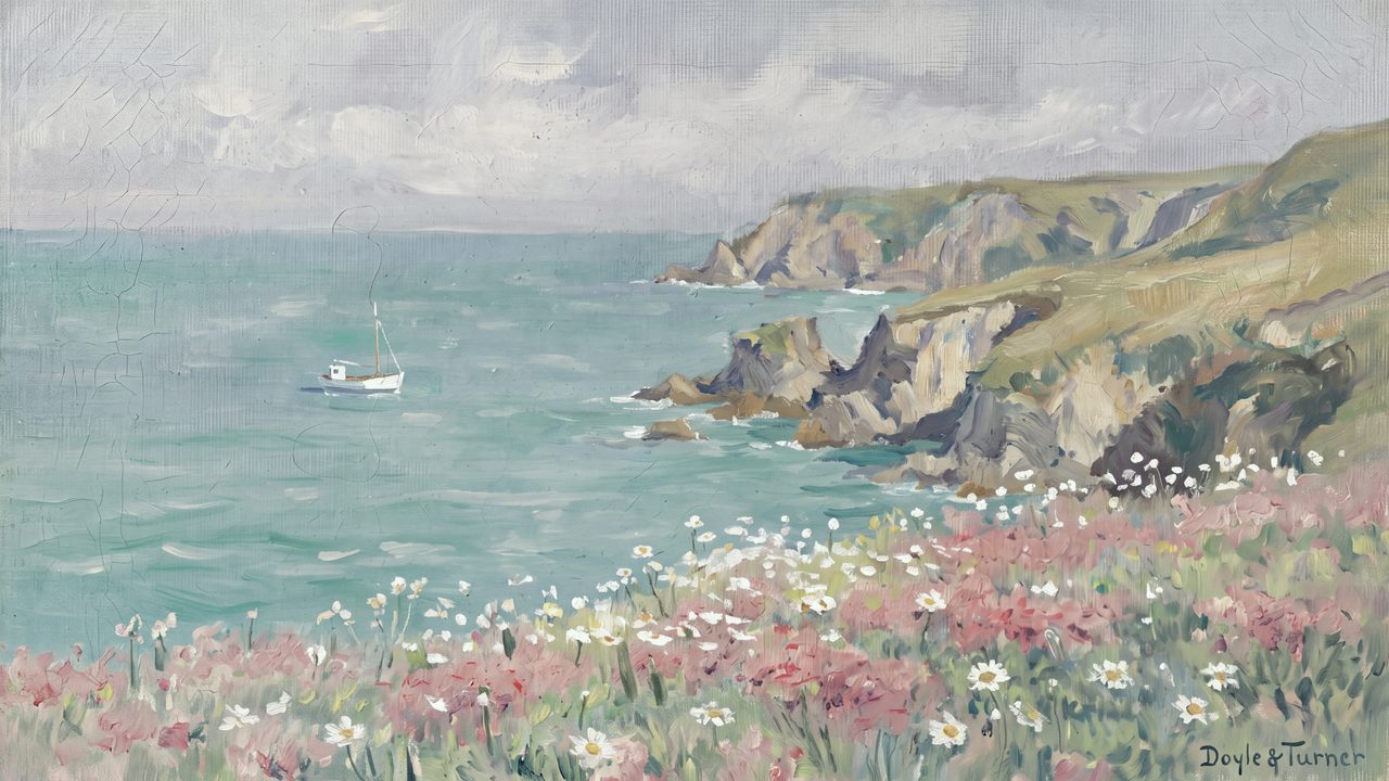 Summer Frame TV Art, Coastal Beach Oil Painting (Coastal Cliffs with Wildflowers)