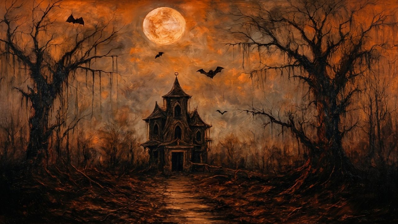 Halloween Frame TV Art, Vintage Moody Oil Painting (Haunted House Under Full Moon)