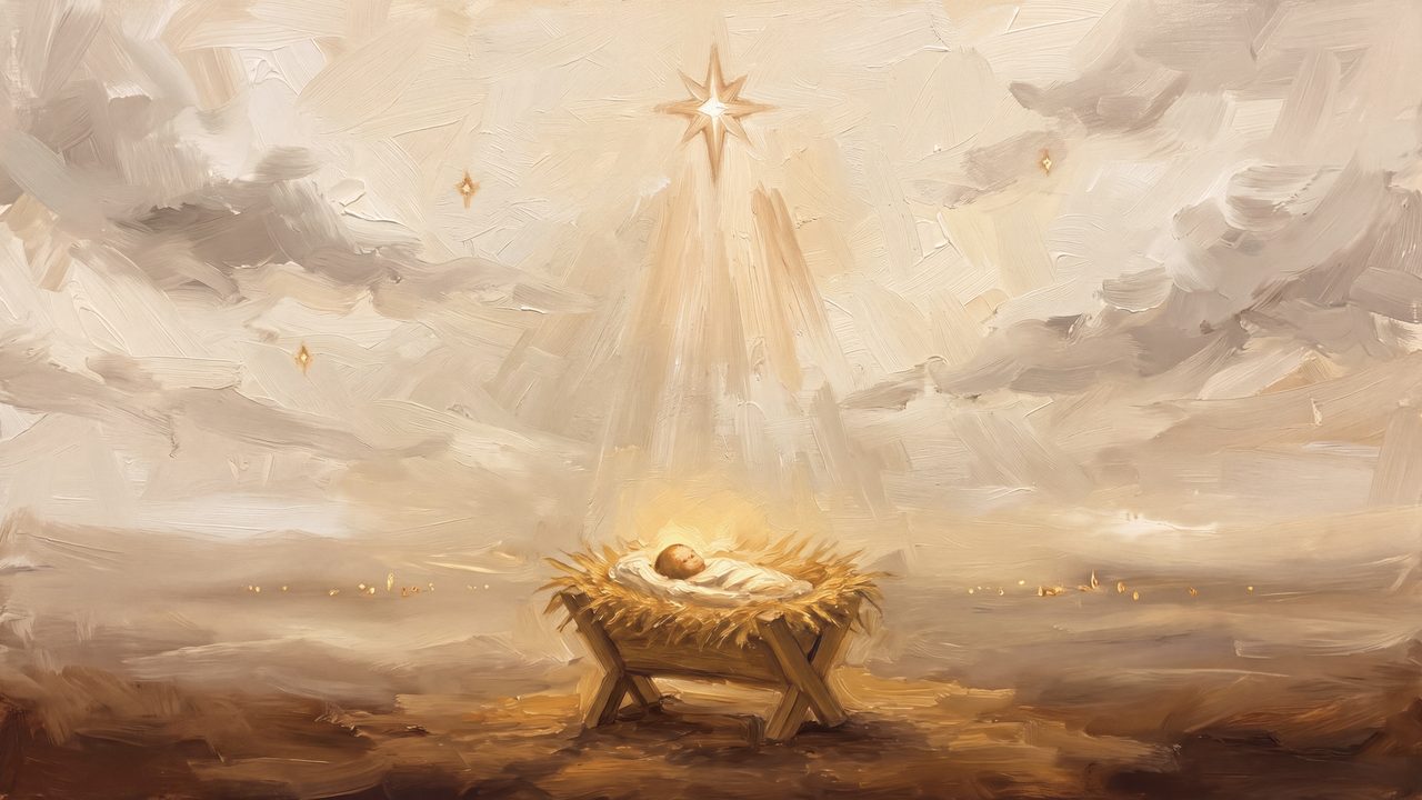 Christian Frame TV Art, Jesus Religious Oil Painting (Manger Under Star of Bethlehem)