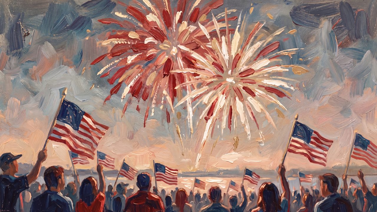 4th of July Frame TV Art, Patriotic American Oil Painting (Crowd Waving Flags at Fireworks 2)