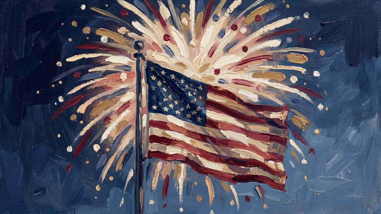 4th of July Frame TV Art, Patriotic American Oil Painting (Flag with Fireworks)