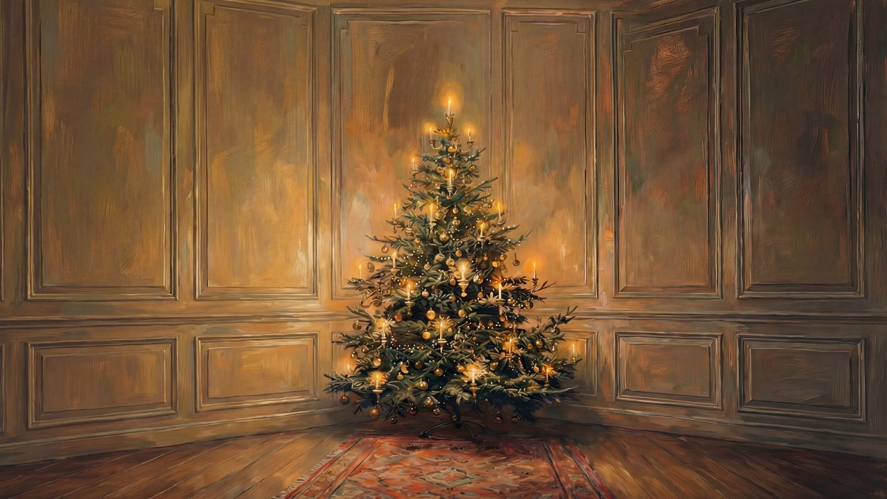 Christmas Frame TV Art, Vintage Holiday Oil Painting (Christmas Tree in Paneled Room)