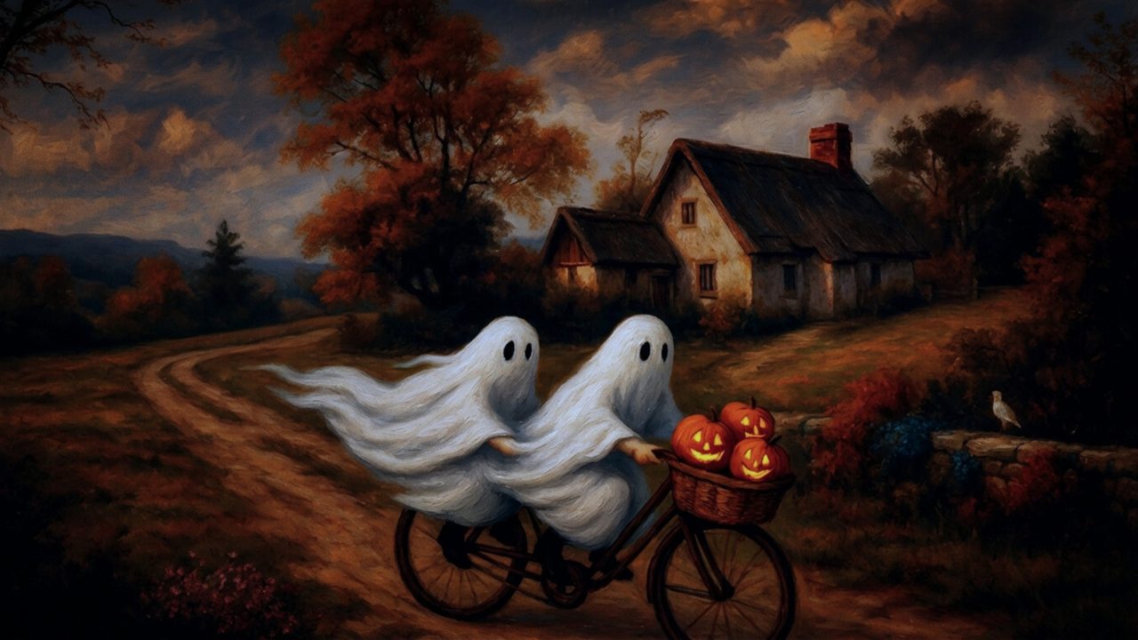Halloween Frame TV Art, Vintage Moody Oil Painting (Ghosts Riding Bicycle)