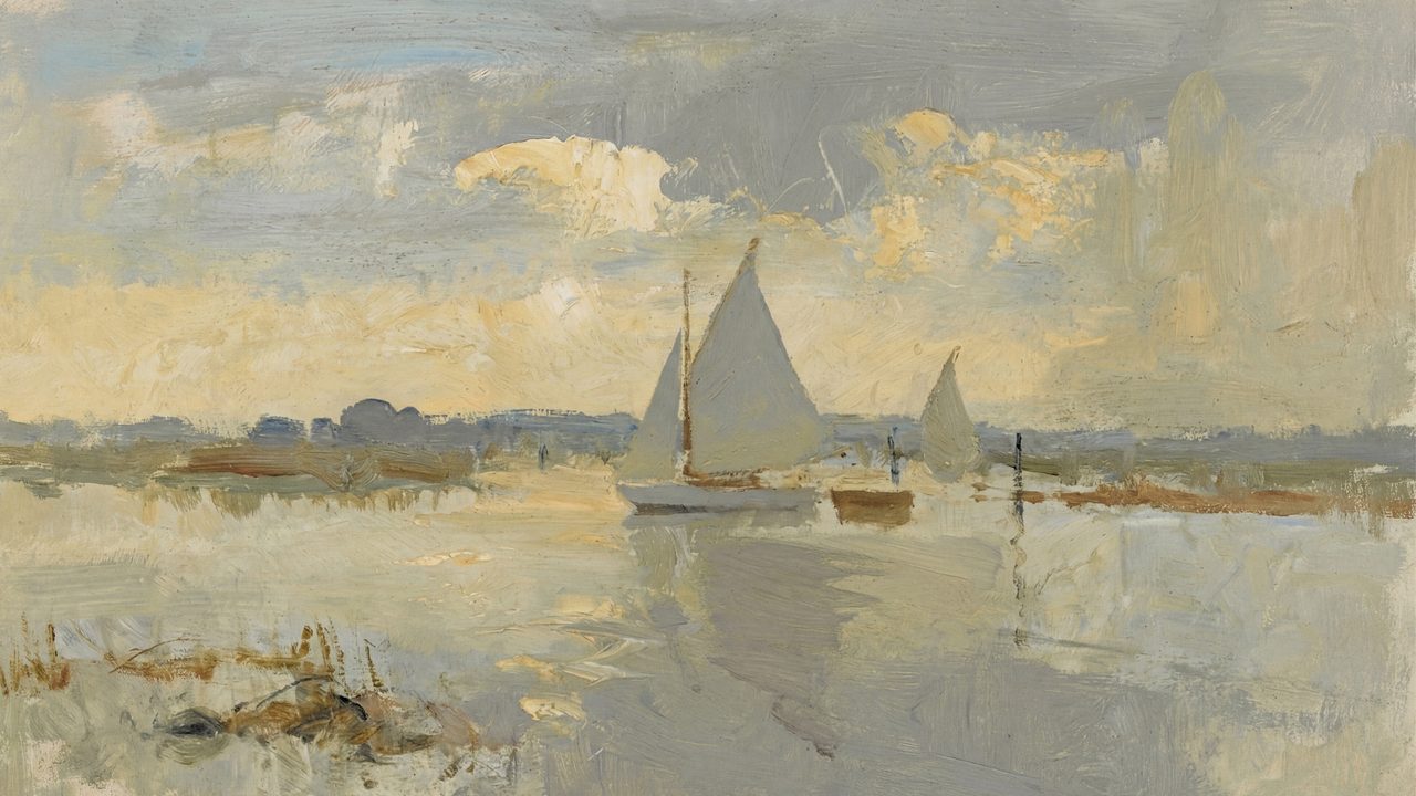 Vintage Frame TV Art, Antique Landscape Oil Painting (Sailboats on Calm Water)